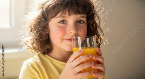Happy Child Sipping Orange Juice, Healthy Lifestyle, Bright Sunlight