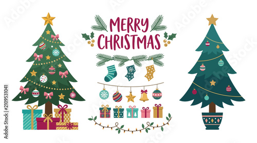 Decorated evergreen christmas trees with colorful ornaments and wrapped gift boxes for the holiday season celebration