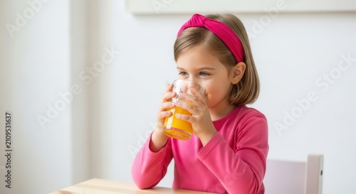 Happy Girl Drinking Orange Juice from Glass, Healthy Beverage, Bright Indoor.