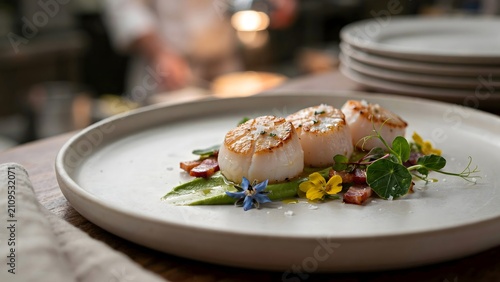 Gourmet scallop dish with microgreens and flowers – Great for culinary art, chef plating, or haute cuisine.