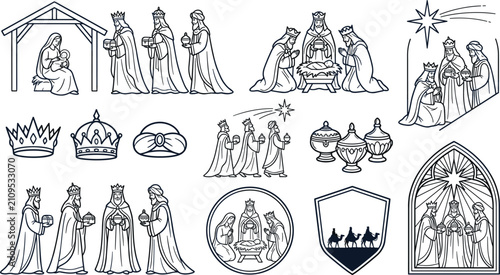 Fotografi Three Wise Men Nativity Scene and Epiphany Christian Religious Line Art Vector I