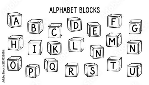 Black and white hand drawn alphabet letter blocks arranged in rows