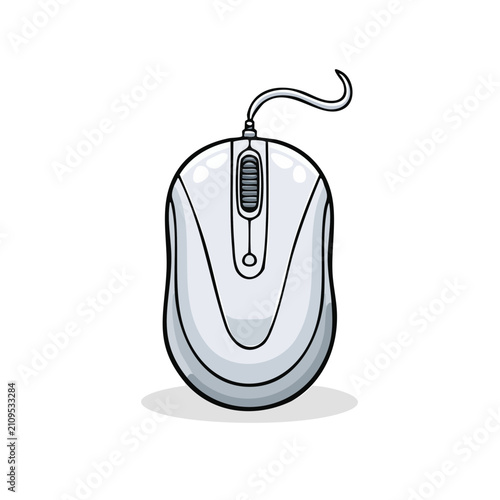 Simple cartoon illustration of a white computer mouse with a cord