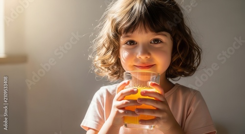 Happy Young Girl Drinking Fresh Orange Juice in Sunlight