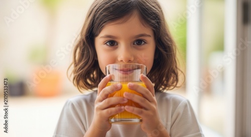Happy young girl drinking orange juice in a glass, close-up face, healthy lifestyle