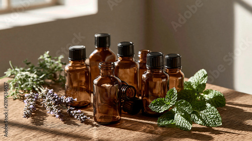 Detailed Studio Scene with Collection of Amber Essential Oil Bottles with Fresh Herbs on Wooden Table