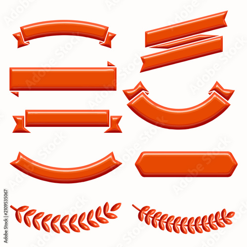 Orange 3d ribbon banner set, glossy blank labels, glossy glossy laurel frames, graphic design elements, web badge vector collection, glossy template frames, curved banner ribbons, isolated