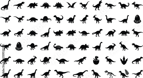 Dinosaur Prehistoric Wildlife Silhouette Icon Set with Solid Black Symbols for Ancient Carnivores, Herbivores, Flying Pterosaurs, Jurassic Monsters, and Paleontology