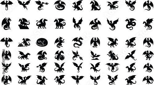 Quadro su tela Fantasy Dragon and Mythic Beast Silhouette Icon Set with Solid Black Symbols for