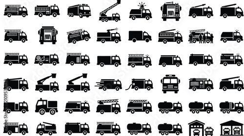 Fotografía Fire Engine and Emergency Rescue Vehicle Silhouette Icon Set with Solid Black Sy