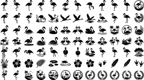 Flamingo and Tropical Wildlife Silhouette Icon Set with Solid Black Symbols for Exotic Birds, Safari Lagoons, Paradise Islands, and Summer Botanical Elements