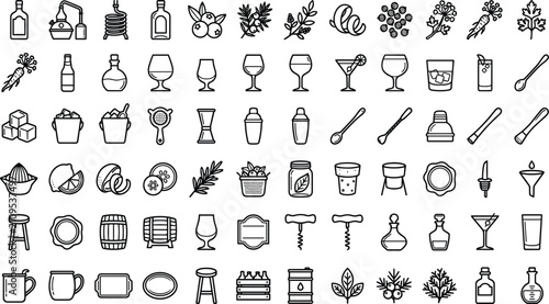 Gin Distillery and Craft Cocktail Line Icon Set with Outline Symbols for Alcohol Brewing Equipment, Botanical Herbs, Glassware, and Bartending Utensils