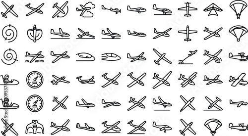 Fotografie Glider and Soaring Aviation Line Icon Set with Outline Symbols for Sailplane Fli