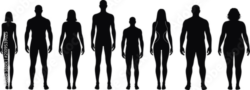 Obraz na płótnie Silhouette illustration of diverse human body shapes and proportions standing si