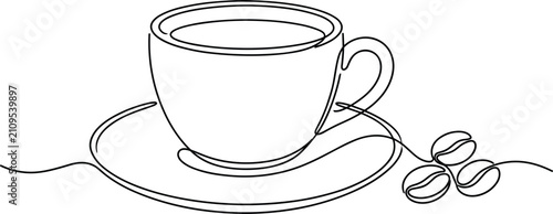 Konstfotografi Continuous line art drawing of coffee cup on saucer with roasted beans minimalis