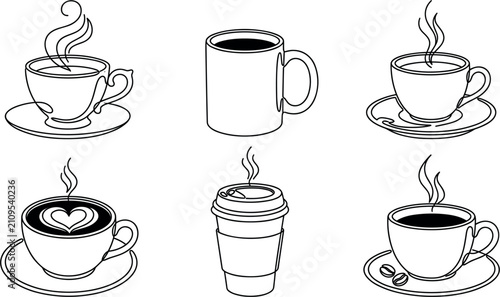 Billede på lærred Coffee cup icon set with hot mug latte art espresso on saucer and paper disposab