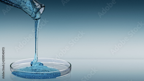 Blue cosmetic gel pouring into petri dish with bubbles and copy space