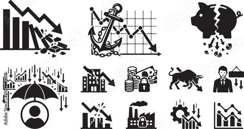 Quadro su tela Set of black financial crisis and economic recession icons representing market c