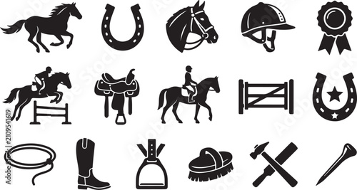 Foto Set of black horse riding and equestrian equipment icons