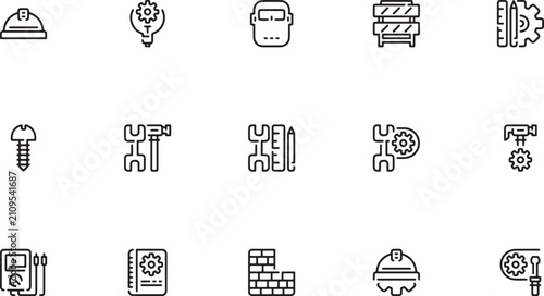 Home renovation and construction tool outline icon set featuring innovative lightbulbs welding masks road barricades claw hammers and spanners vector