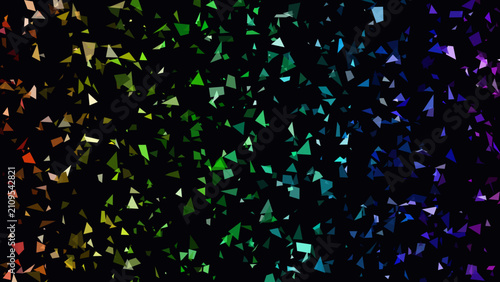 Foto Triangles arranged in a dense field showcase a spectrum of colors shifting from deep orange to vivid purple across a dark surface, perfect for adding a touch of modern artistic flair to any project