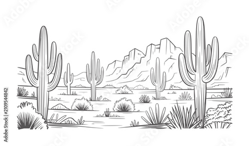 Schilderij op canvas Style of a desert landscape with saguaro cacti and mountains cactus