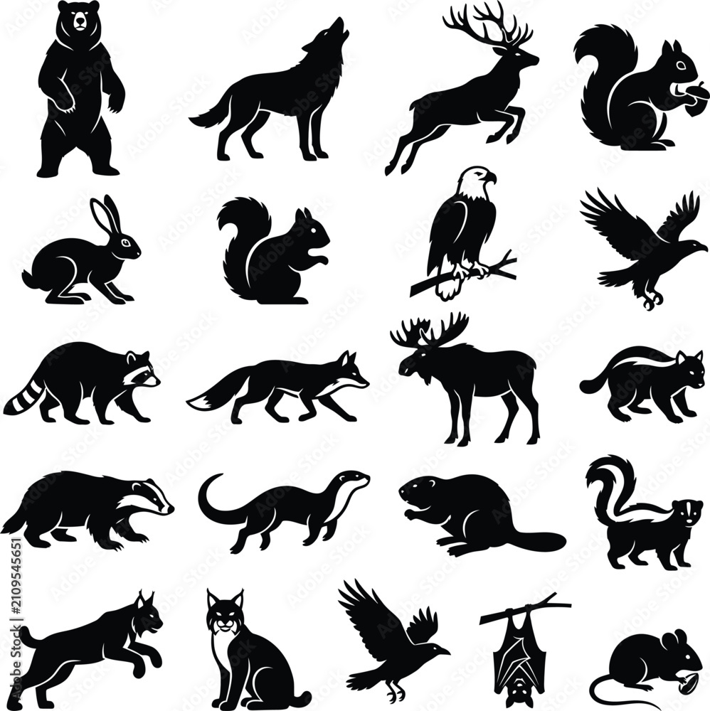 Obraz premium Collection of forest animal silhouettes featuring bear deer rabbit and eagle for nature designs