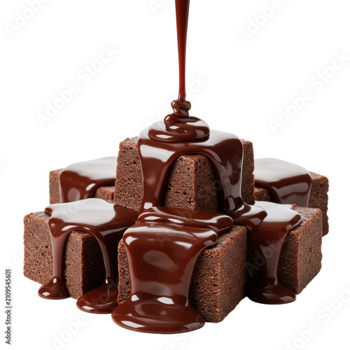 Dark chocolate soft fudge squares with rich, glossy ganache sauce flowing, isolated on a transparent background with copy space, close-up product photography of luxurious indulgence concept