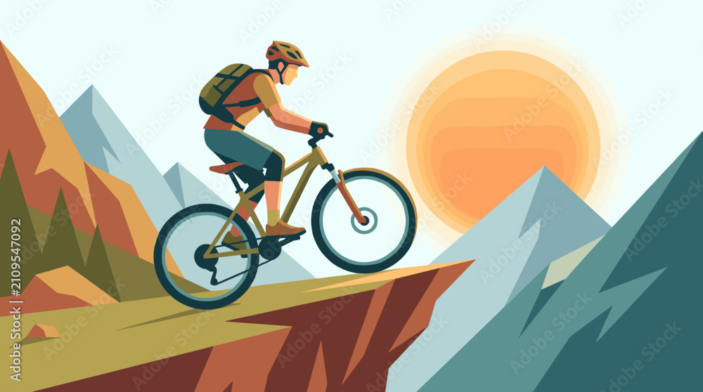 Obraz premium Mountain biker riding a bicycle on cliff edge during a beautiful sunset with majestic mountains in the distance, showcasing outdoor adventure and extreme sports illustration
