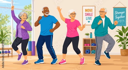 Active senior citizens dancing in fitness class together, enjoying a healthy lifestyle and exercising in a bright gym studio with positive energy