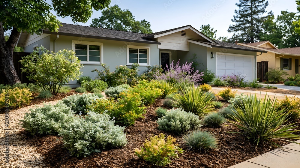 Fototapeta premium A modern single story house with a landscaped front yard featuring drought resistant plants and mulch under bright sunlight