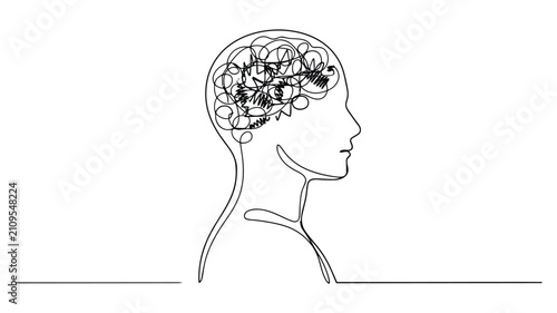 Mental Health One Line Drawing Vector – Human Mind, Anxiety, Stress and Psychology Concept Illustration