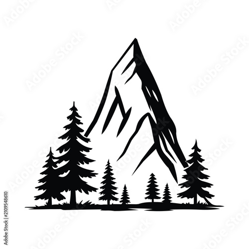 Black and white mountain peak illustration with pine forest silhouette