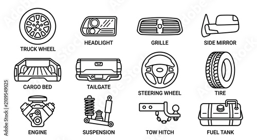 Truck parts icon collection showing engine steering wheel suspension headlight grille and automotive components.