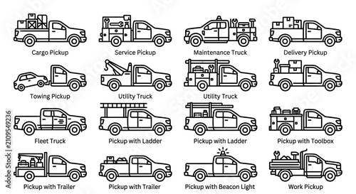 Pickup truck line icon set, delivery car symbols pack, vector sketches, logo illustrations, cargo pickup signs.