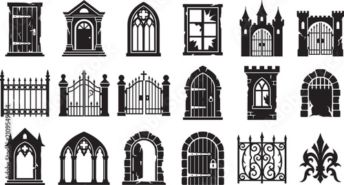 Gothic architecture elements spooky cemetery gates haunted castle doors and broken window silhouette glyph icons vector illustration set.