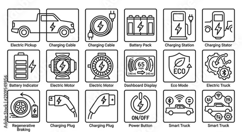 Electric pickup truck icon set featuring charging station battery indicator motor dashboard and smart technology.