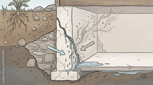Diagram showing how both moisture and radon gas can enter an older basement through the same foundation crack
