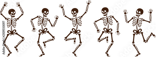 Konstfotografi Five falling skeleton figures in a vertical row with white background