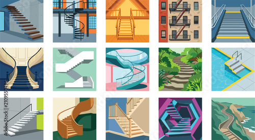 Modern interior staircase design styles and outdoor landscape architecture stairs vector illustration concept set.