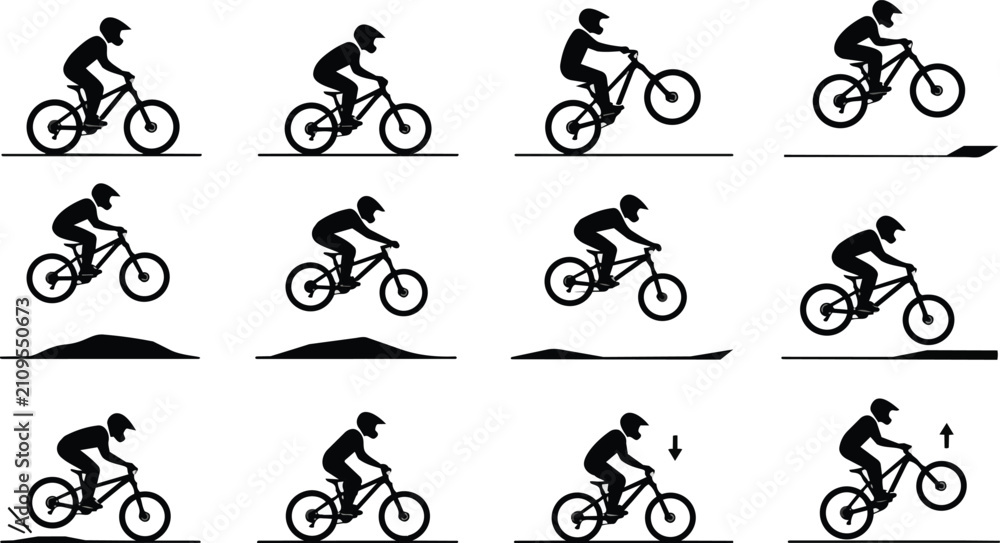 Fototapeta premium Collection of Black Mountain Bike Rider Vector Silhouettes Doing Stunts