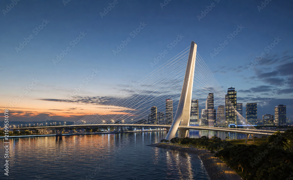 Obraz premium Illuminated cable stayed bridge at dusk skyline