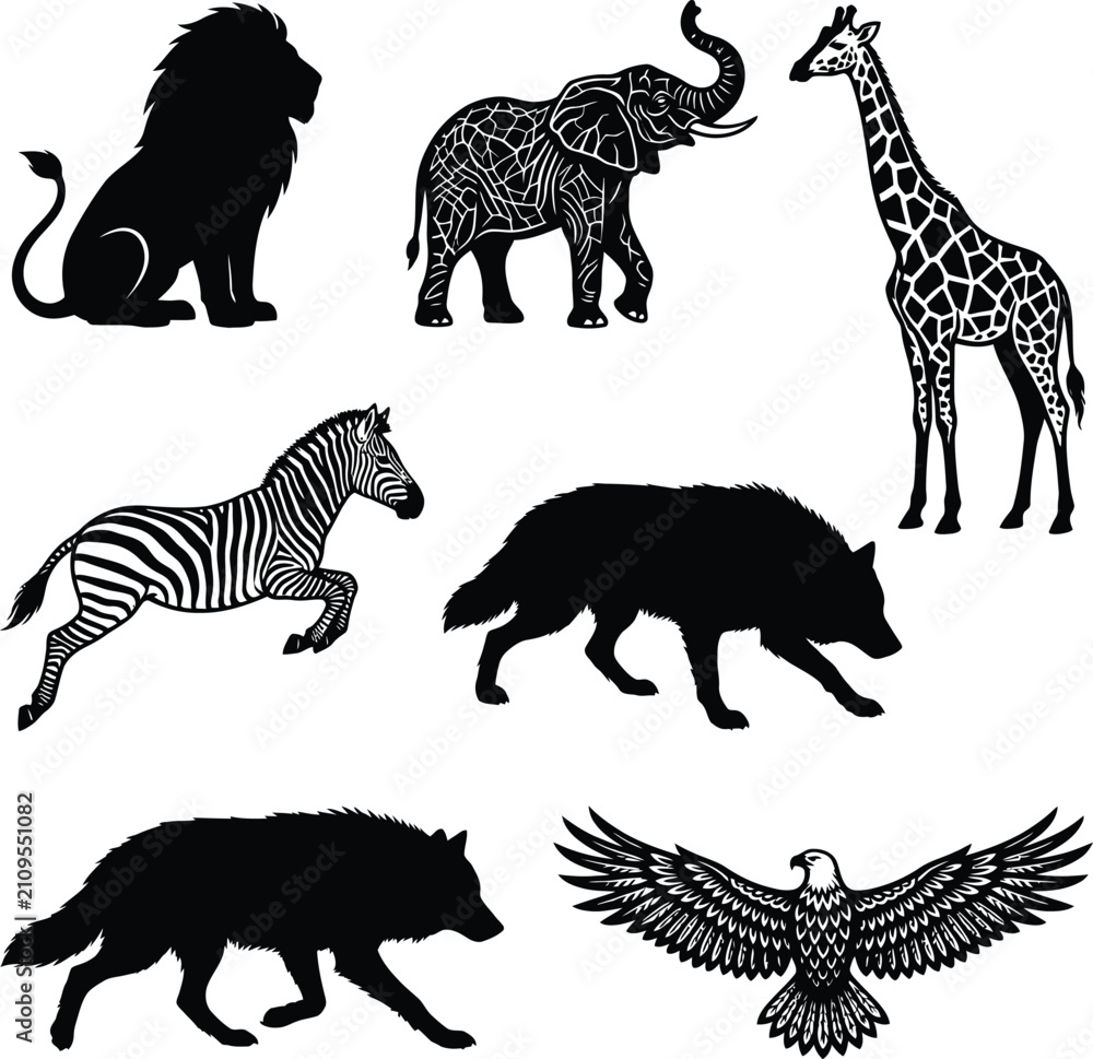 Obraz premium Set of wild animal silhouettes including lion elephant giraffe zebra wolf and eagle in vector style