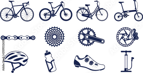 Diverse Bicycle Types Cycling Parts and Accessories Flat Icon Set