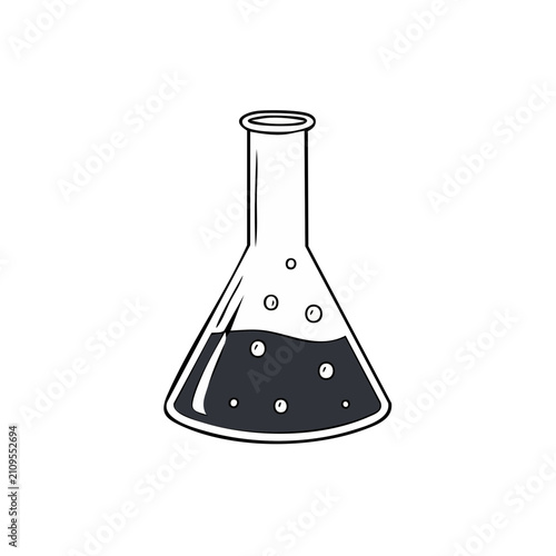 Conical flask with dark liquid and bubbles symbolizing chemistry experiment and scientific research