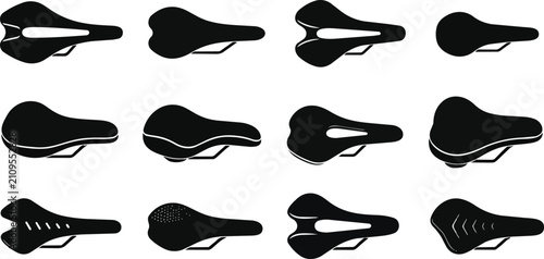 Diverse black bicycle seat silhouettes icons collection on white.