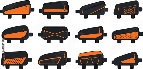 Diverse Black Orange Bicycle Frame Bags Vector Design Collection Isolated