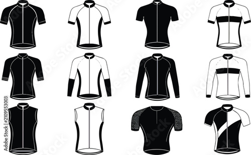 Diverse Cycling Jerseys Vector Set Black White Apparel Design Templates