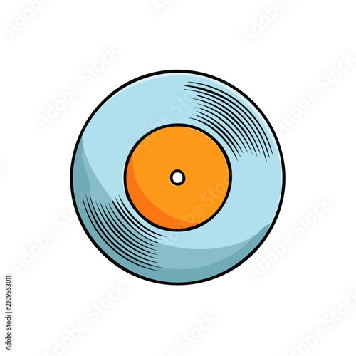 Retro vinyl record with orange center and light blue label, graphic illustration on white.