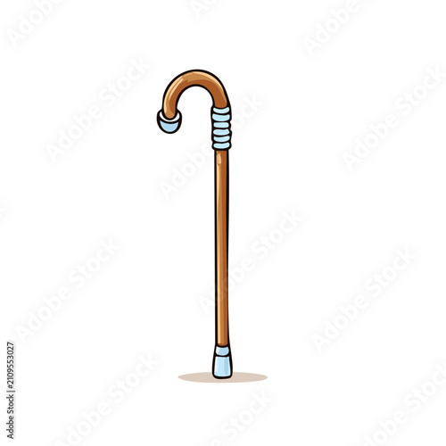 Cartoon Wooden Walking Cane with Curved Handle and Ribbed Grip Accent